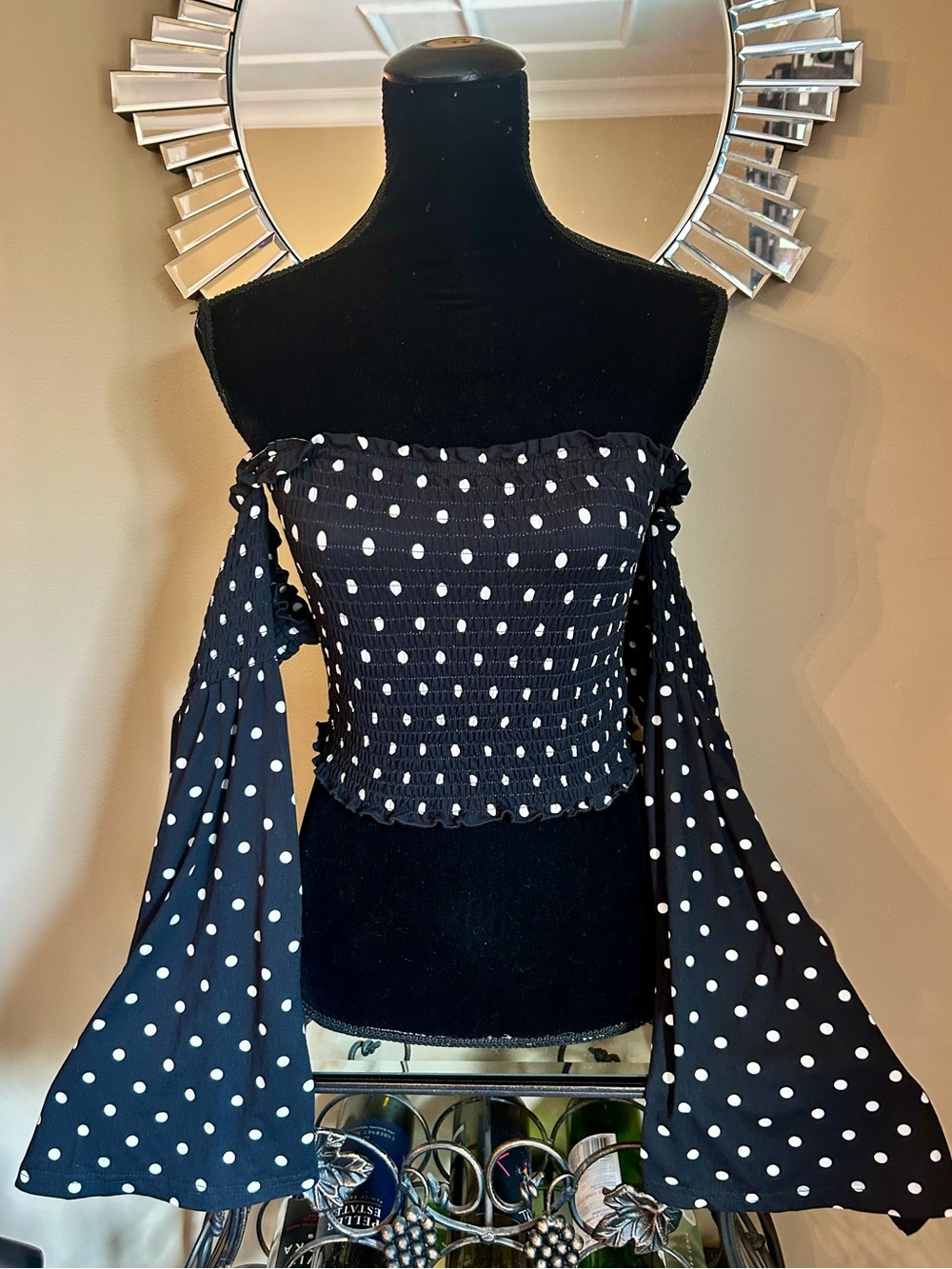 Revamped Polka Dot Off-Shoulder Top with Bell Sleeves - Picture 3 of 6